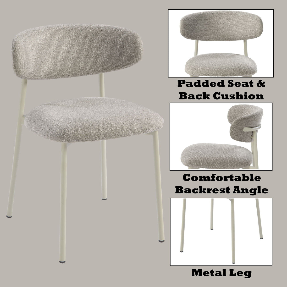 Light Gray Side Chair Set of 2 with Upholstered Seat and Metal Frame