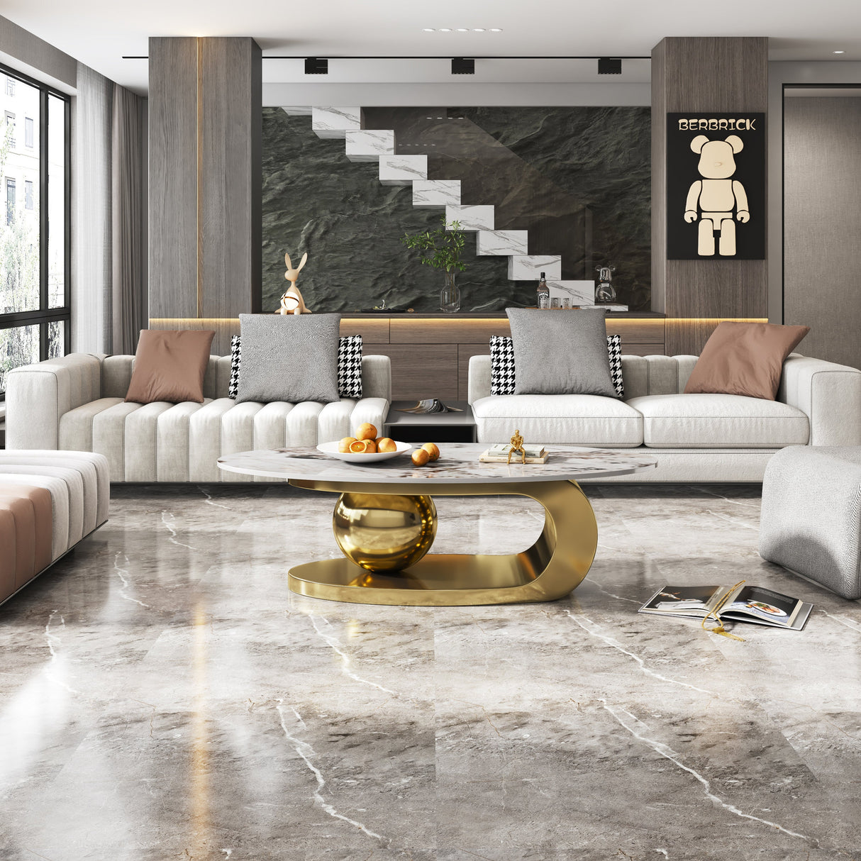 49.2 Inches Oval Faux Marble Coffee Table for Living Room with Stainless Steel Base