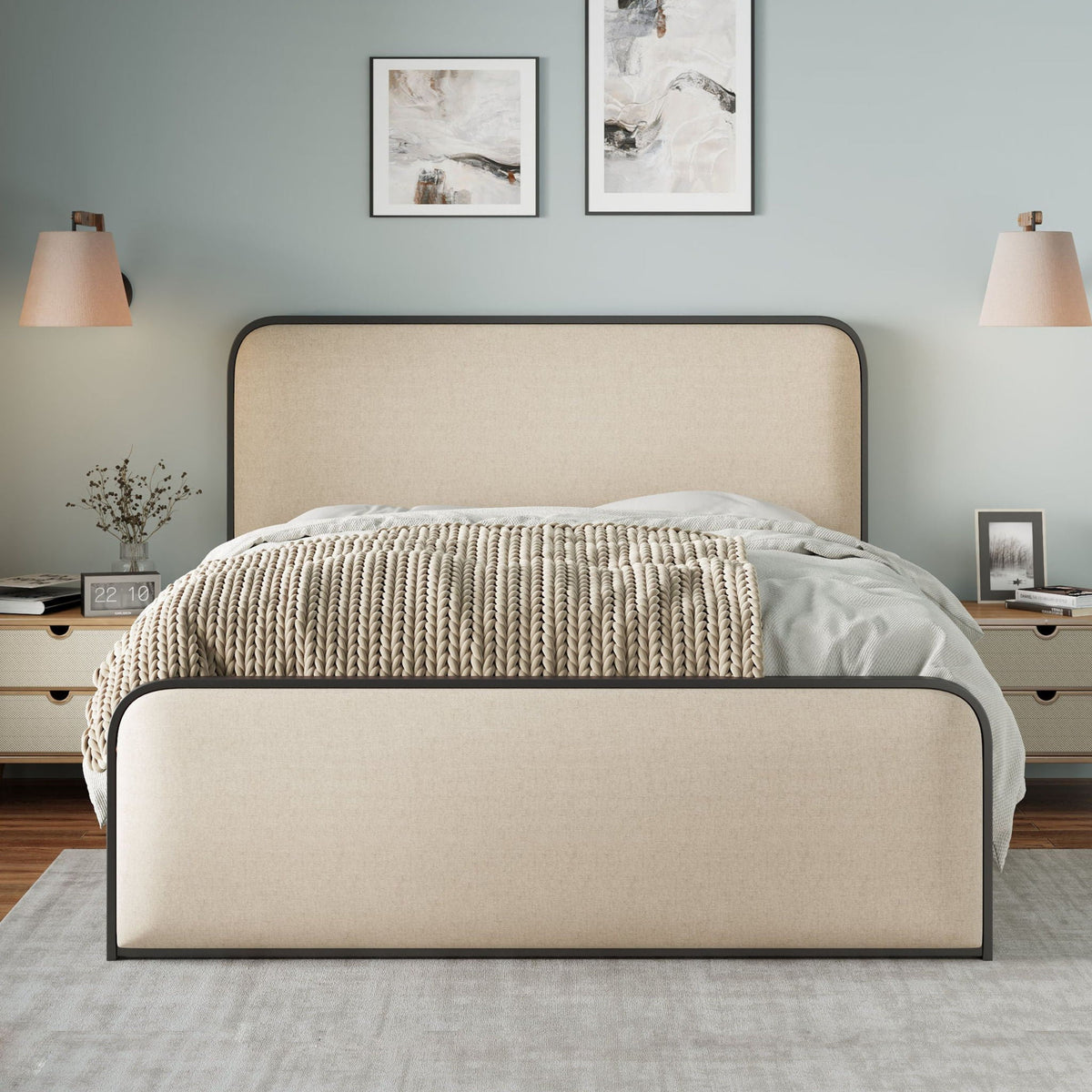 Modern Bed with Curved Upholstered Headboard and Footboard