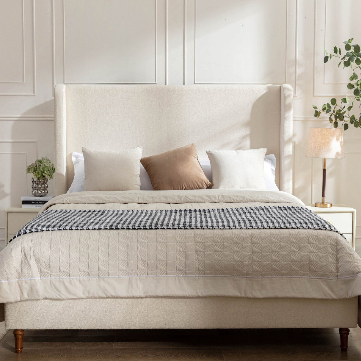 Harper Tall Headboard Upholstered Bed in Ivory Boucle, California King