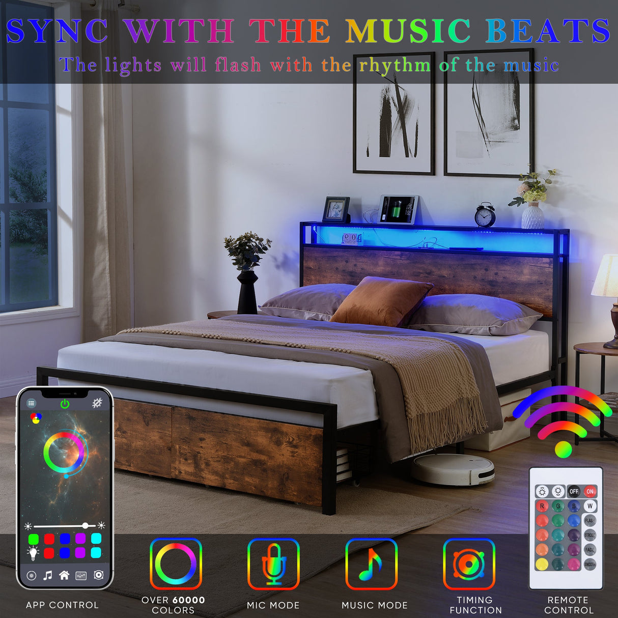 Bed frame with storage, led headboard, drawers & usb port