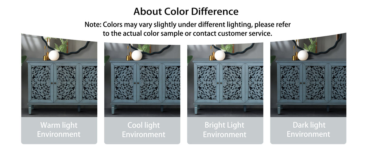 60" Antique Buffet Cabinet with Floral Carvings and Adjustable Shelves