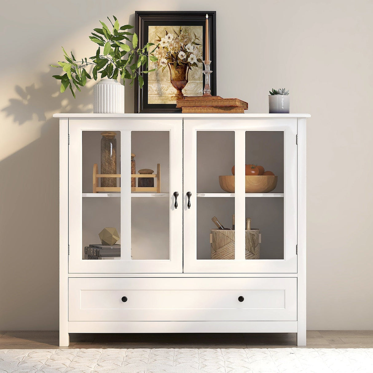 Buffet Storage Cabinet with Double Glass Doors and Unique Bell Handle