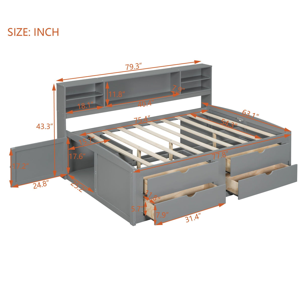 Daybed With 2 Bedside Cabinets, Upper Shelves And 4 Drawers
