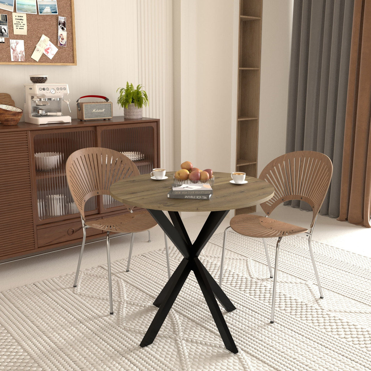 Round Dining Table For 2 - 4 People, Compact Kitchen Or Dining Room - Rustic Brown