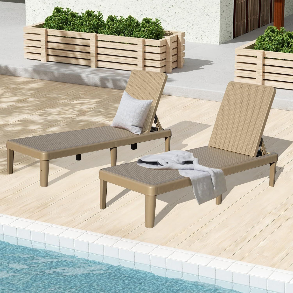 Pool Lounge Chairs Set of 2, Outdoor Lounge Chairs with 6 Positions Backrest Adjustable, Resin Waterproof Chaise Lounge Outdoor for Poolside Patio Garden Deck