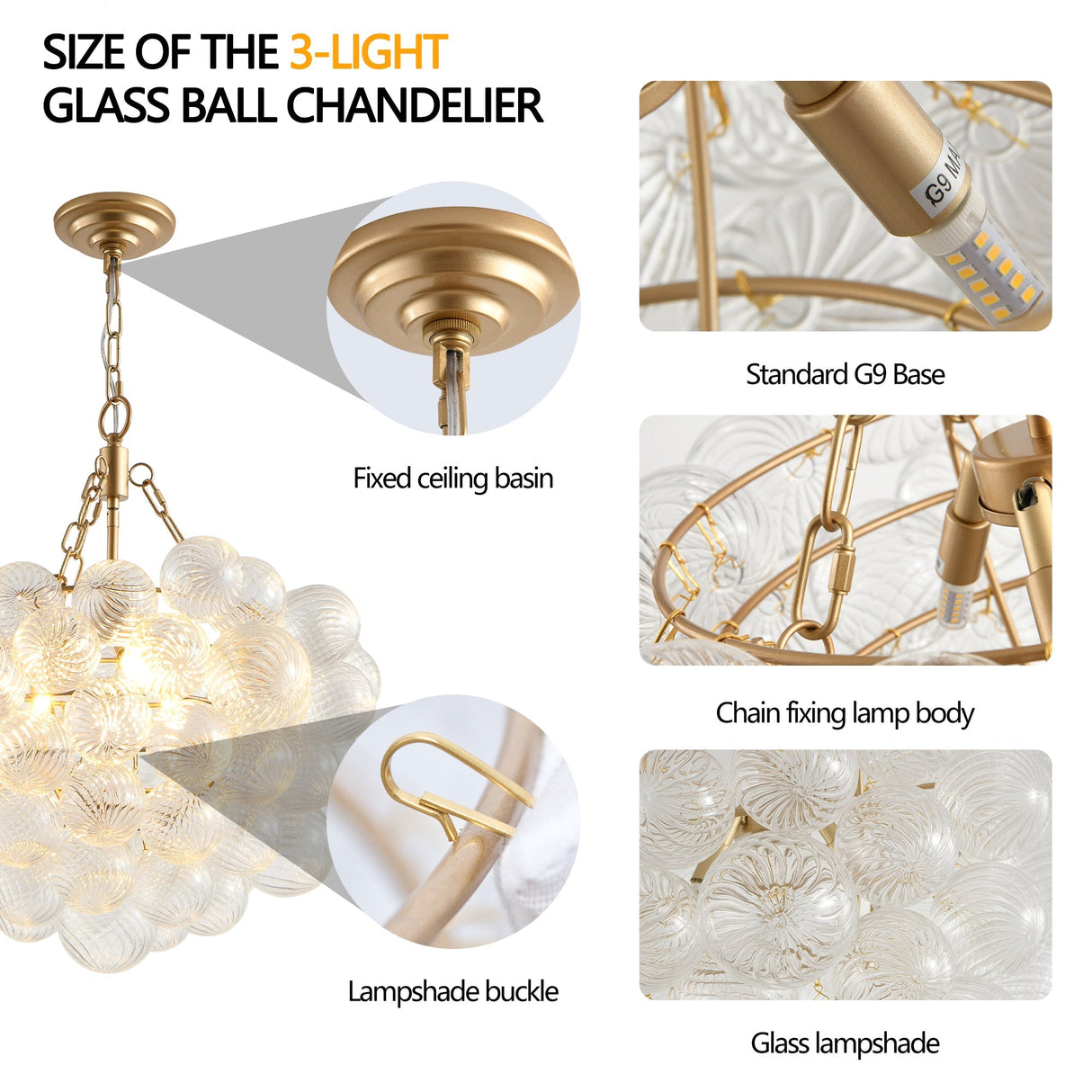 20-Inch Gold Pendant Light Chandelier with Threaded Clear Glass Globe Shade