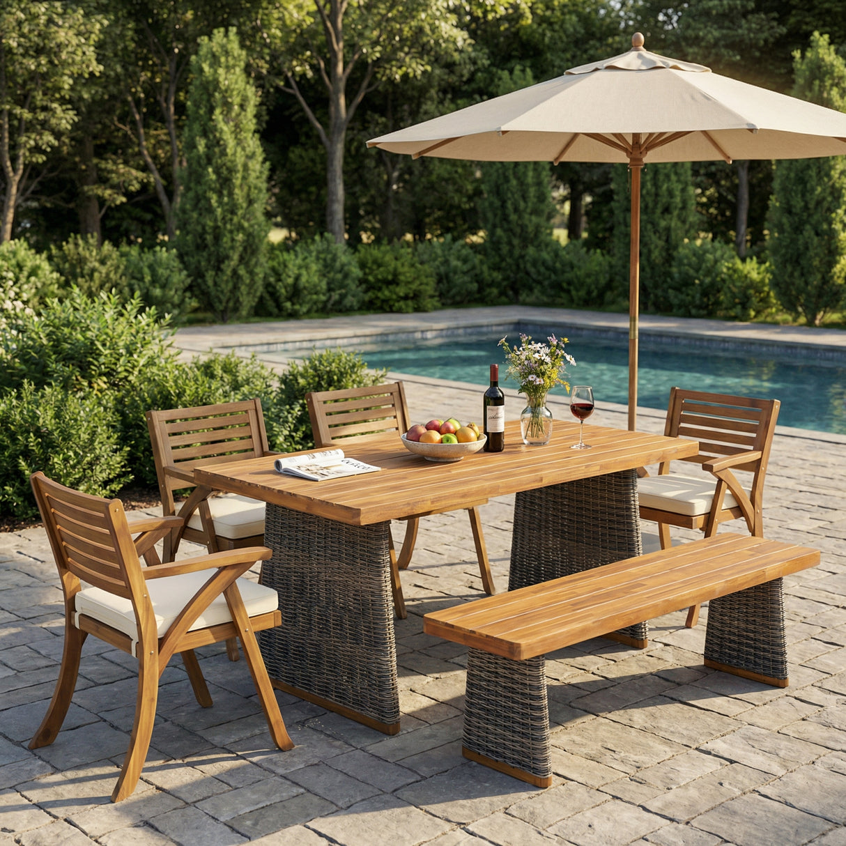 Outdoor 6 Pieces Acacia Wood Dining Set with Cushion and Handwoven Rattan Legs
