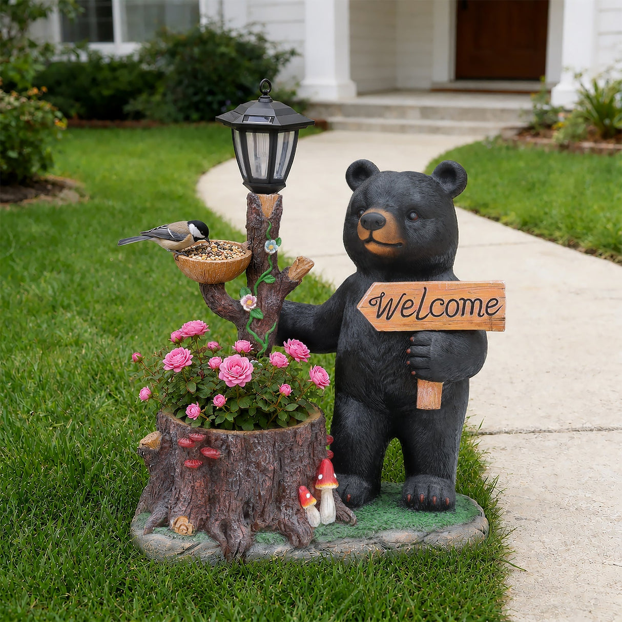 Decorative Standing Black Bear Garden Planter with Solar-Powered Lantern