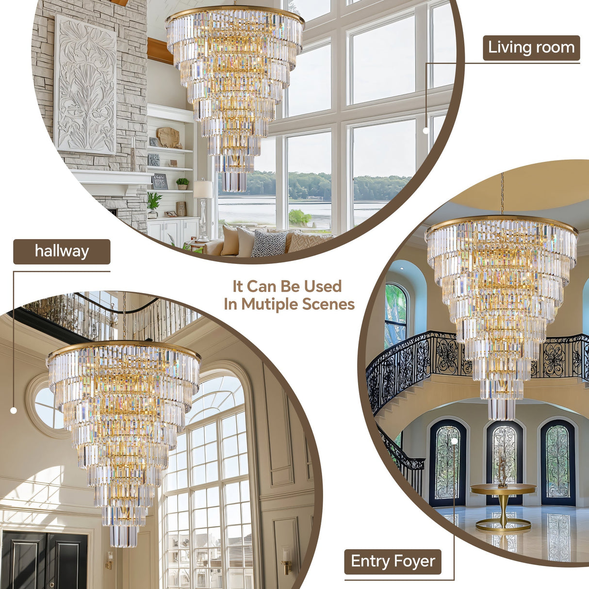 48-Inch Gold Tiered Crystal Tube Chandelier