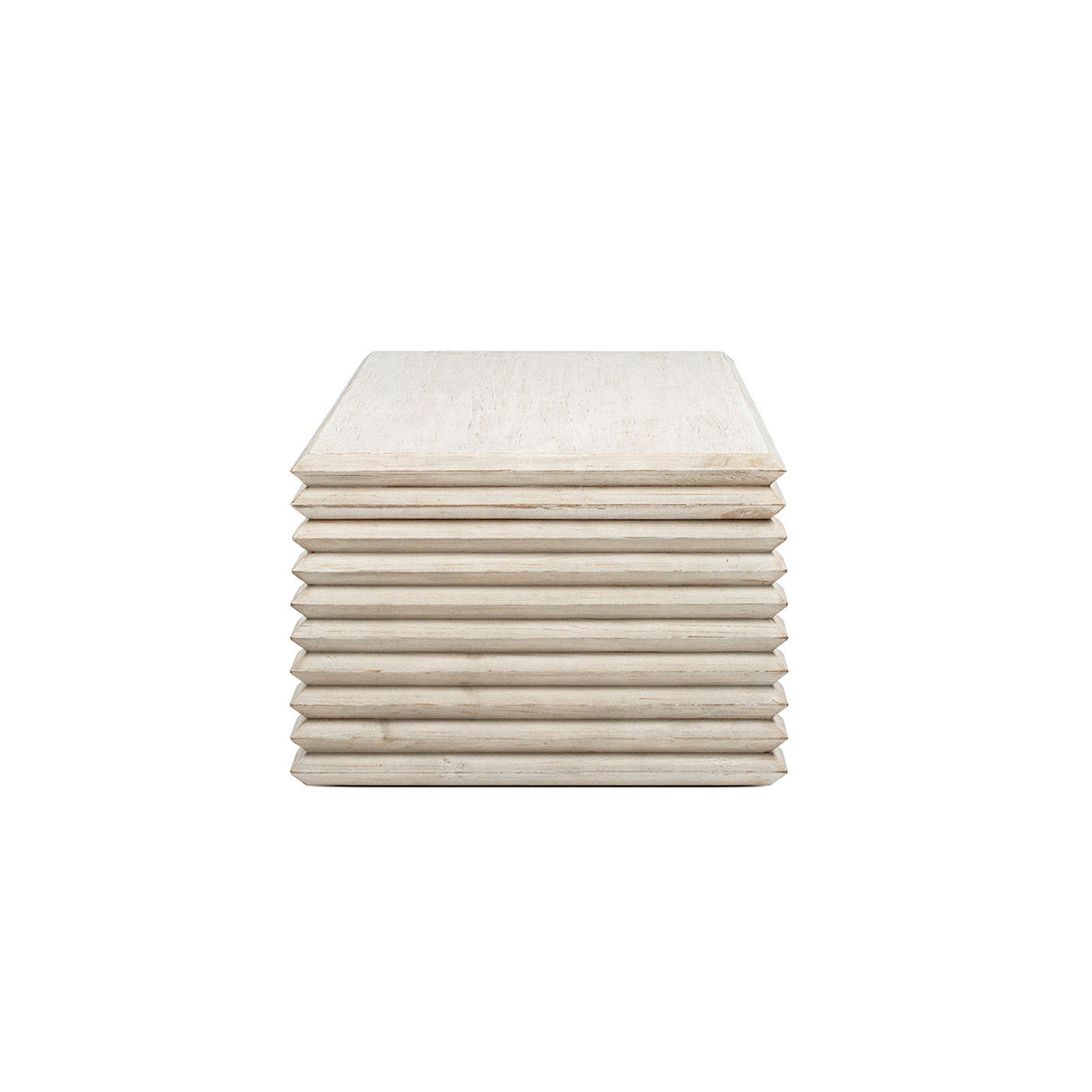 Veda 55' Reclaimed Wood Stacked Geometric Waterfall Coffee Table, Whitewashed Natural Reclaimed Pine Wood