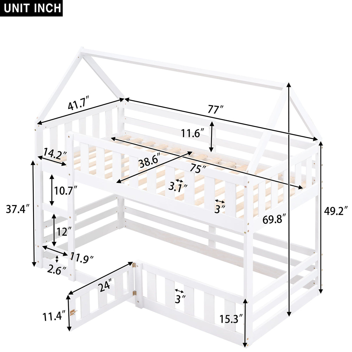 Twin Over Twin House Bunk Bed With Fence And Door