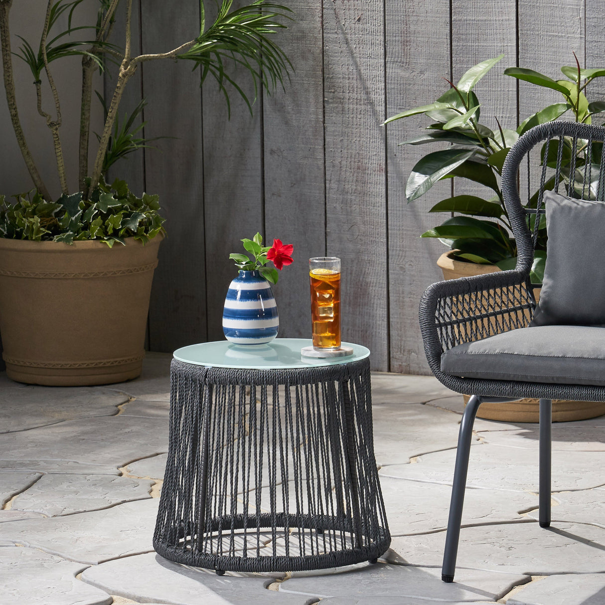Boho Southport Side Table with Glass Top Woven Rope and Iron Frame Gray