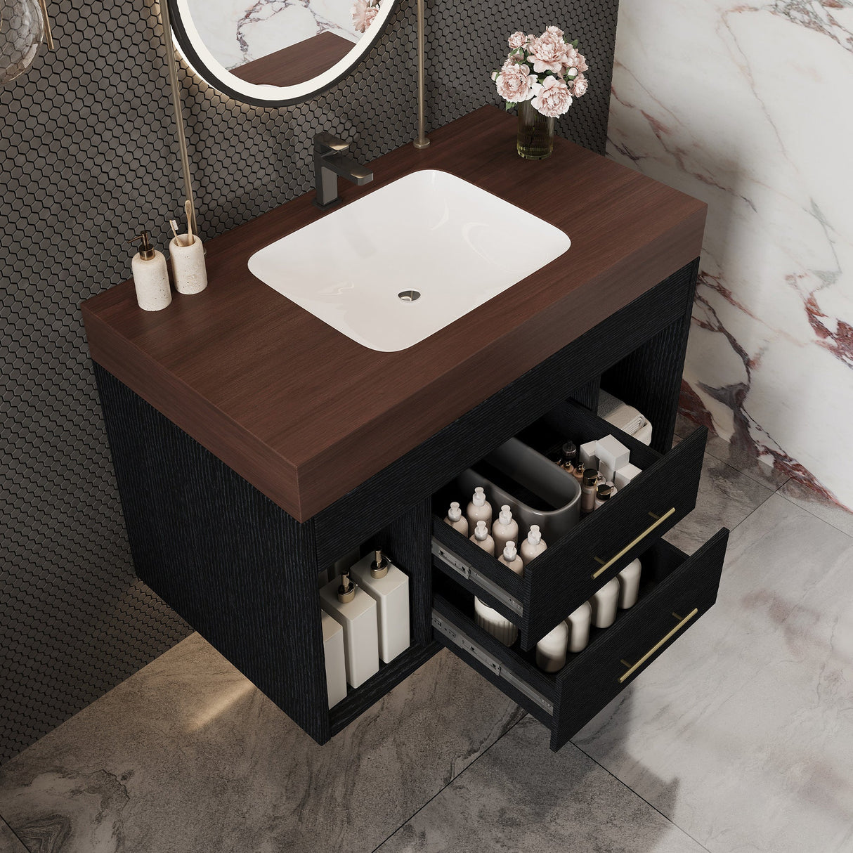 29.9" Modern Floating Bathroom Vanity with Sintered Stone Top