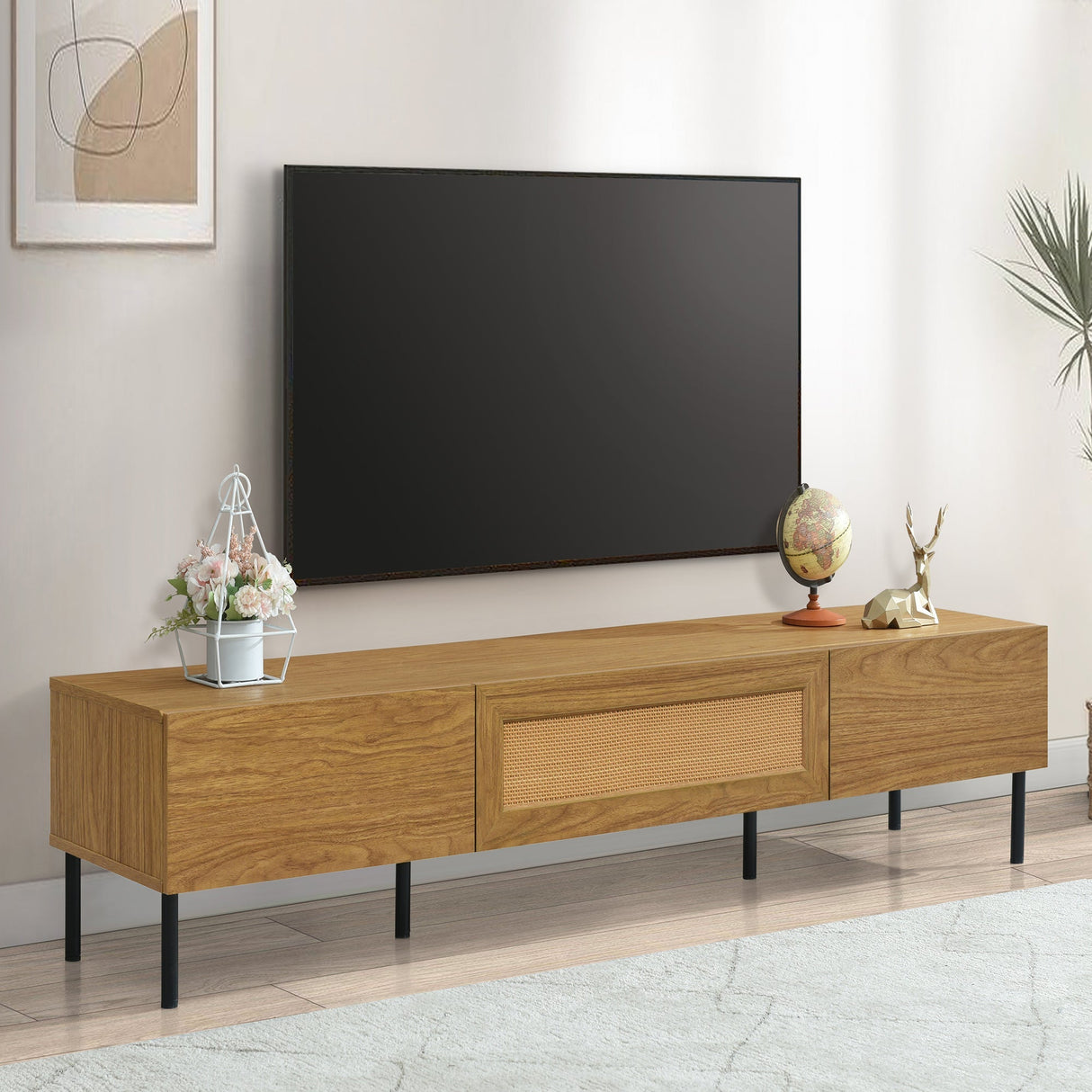 Boho TV Stand for TVs Up to 80" with Rattan Decoration and Metal Legs