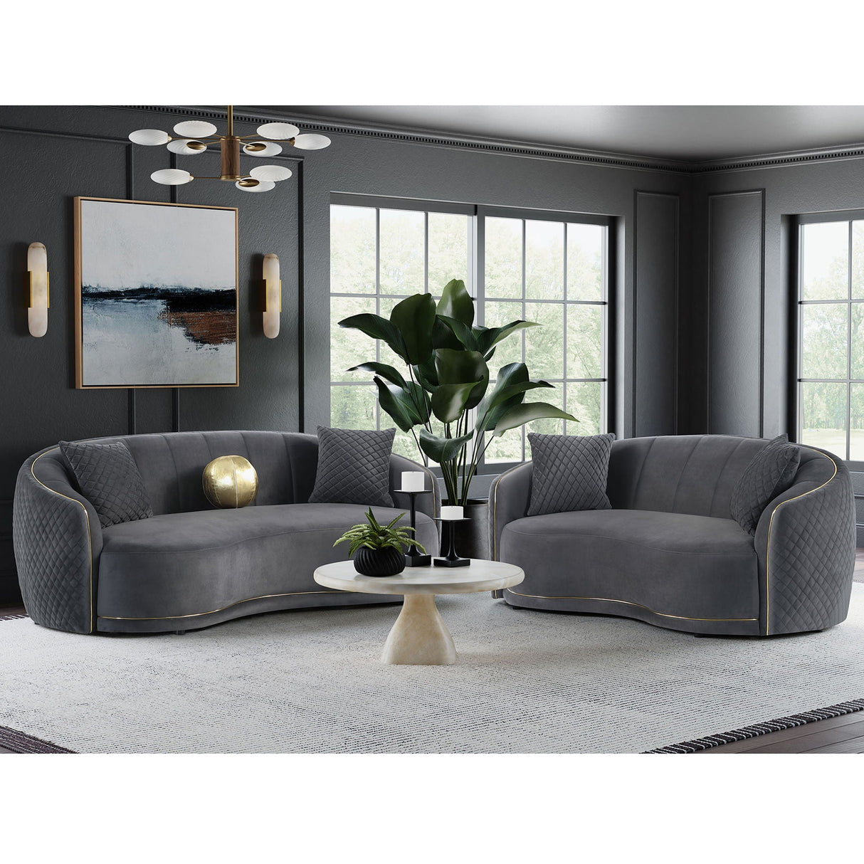 Luxe Upholstered Curved Sofa With Trim And Diamond Quilting - Dark Gray