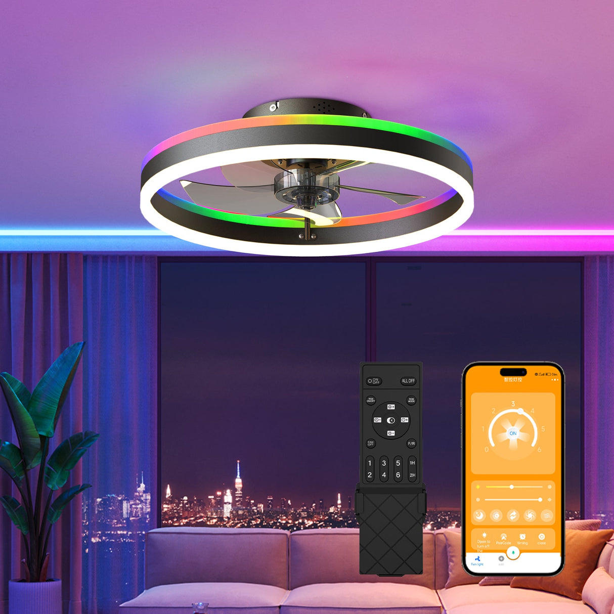 19.7" RGB Flush Mount Ceiling Fan with Light for Bedroom