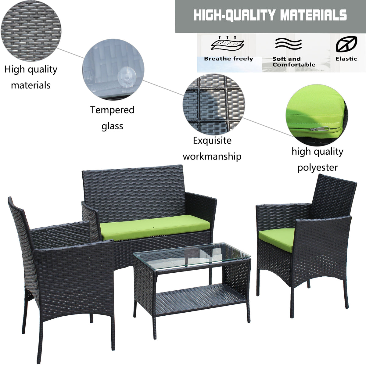 4 PC Rattan Patio Furniture Set with Cushions - Black and Green