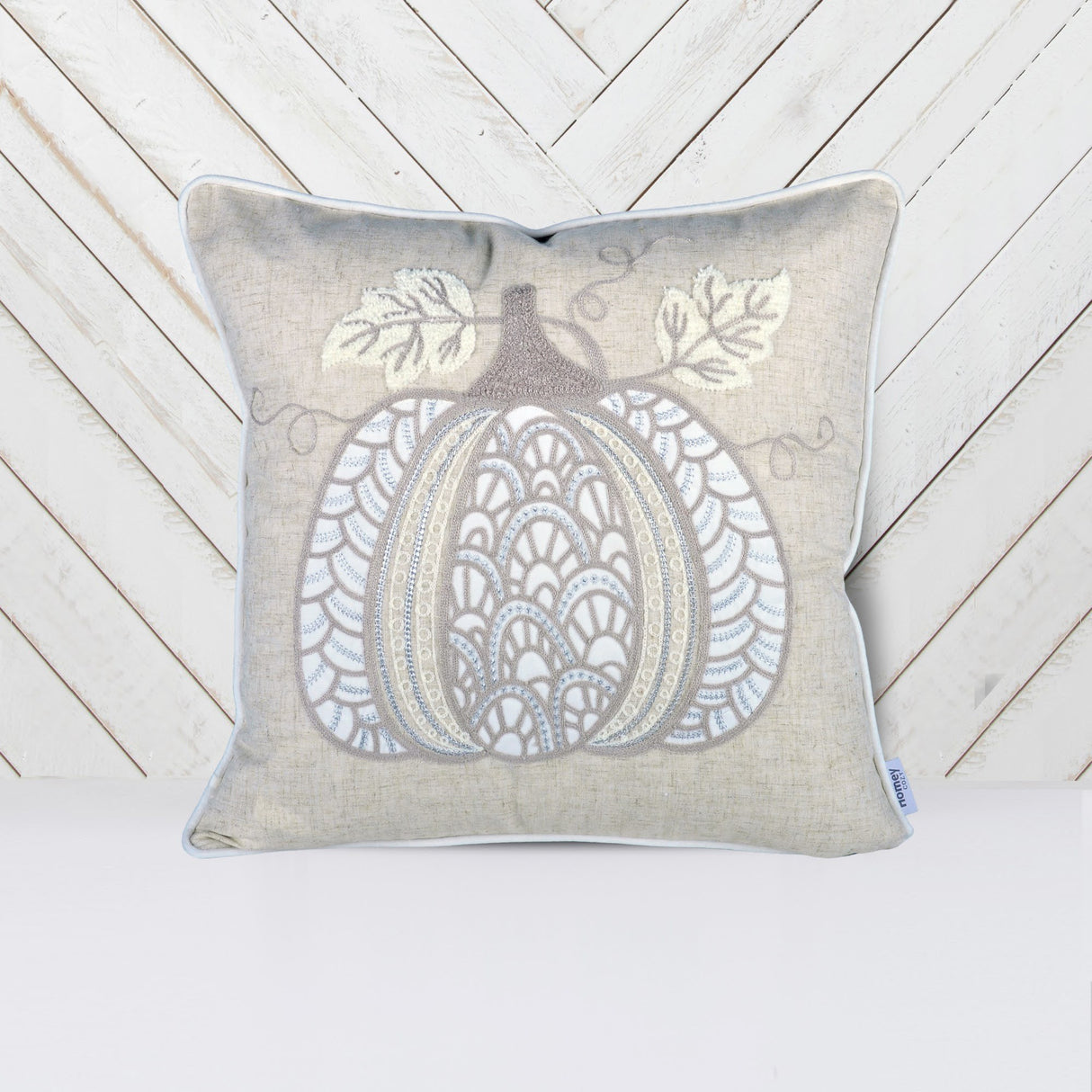 Embroidered Lace Pumpkin Accent Pillow – Neutral Fall Accent Cushion