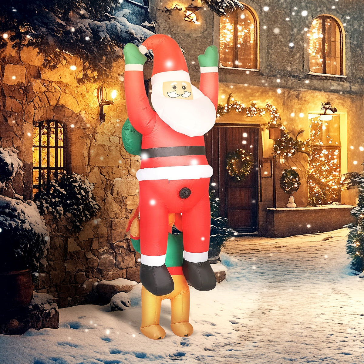 7ft Hanging Christmas Inflatable Santa with Dog with LED Lights - Brown, Green, Red
