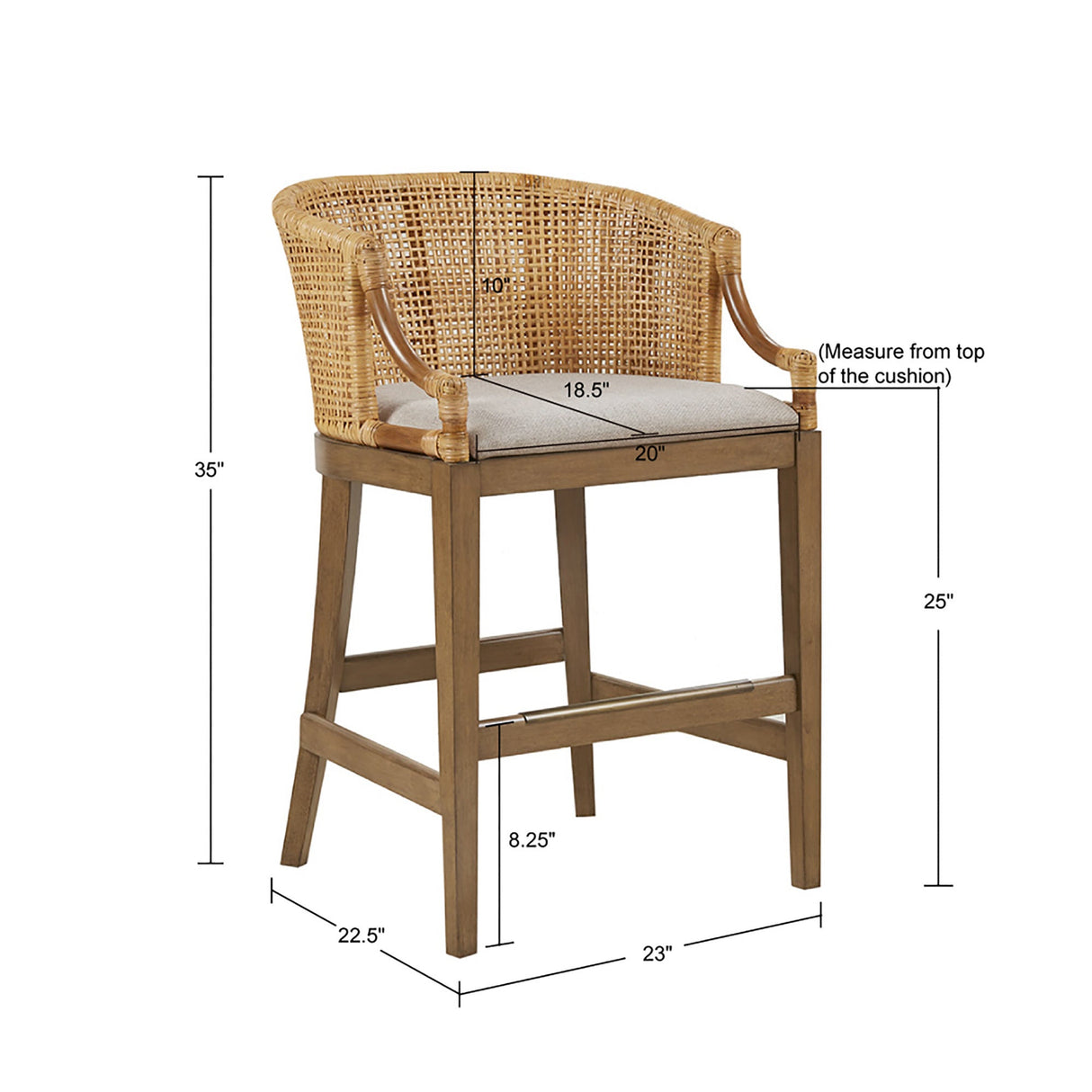 Broadenx 25" Counter Stool with Rattan Rounded Back and Recessed Arms
