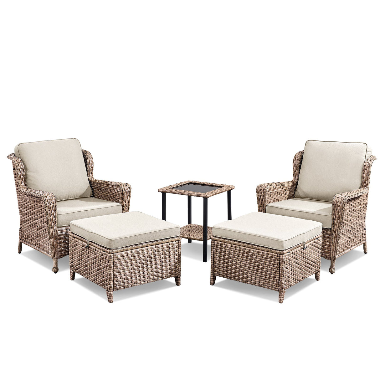 5-Piece Outdoor Lounge Chairs Set with Side Table and Ottomans