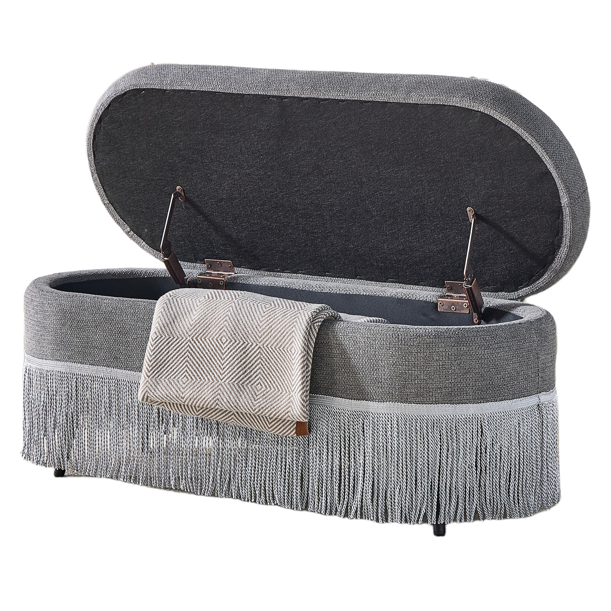 Oval Upholstered Storage Ottoman with Fringe Trim