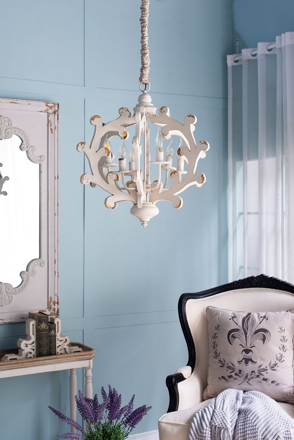 6 Light White Chandelier with Adjustable Chain for Kitchen