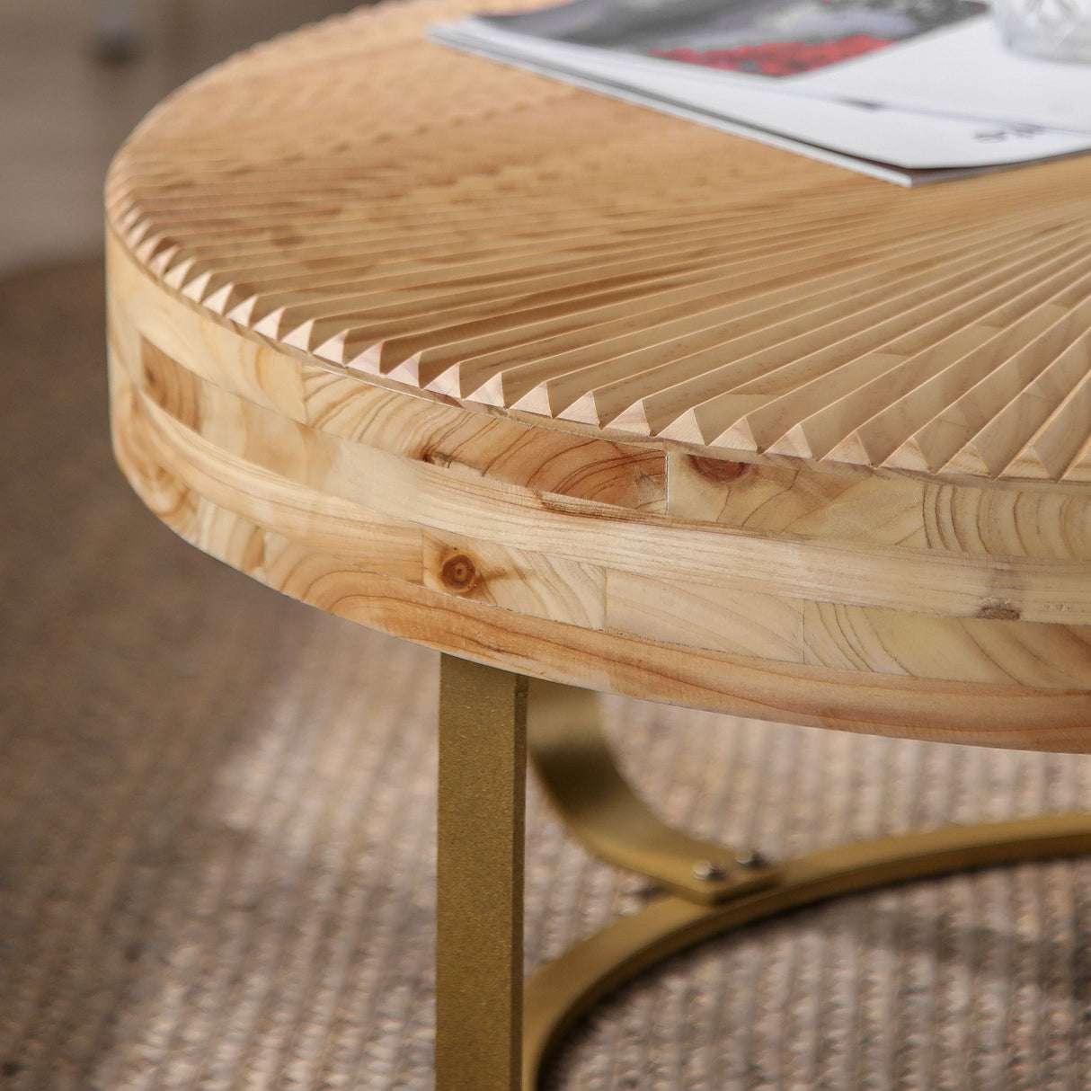 Modern Round Coffee Table with Wooden Carving Pattern and Metal Legs in Golden Natural Finish, Pine and MDF Construction