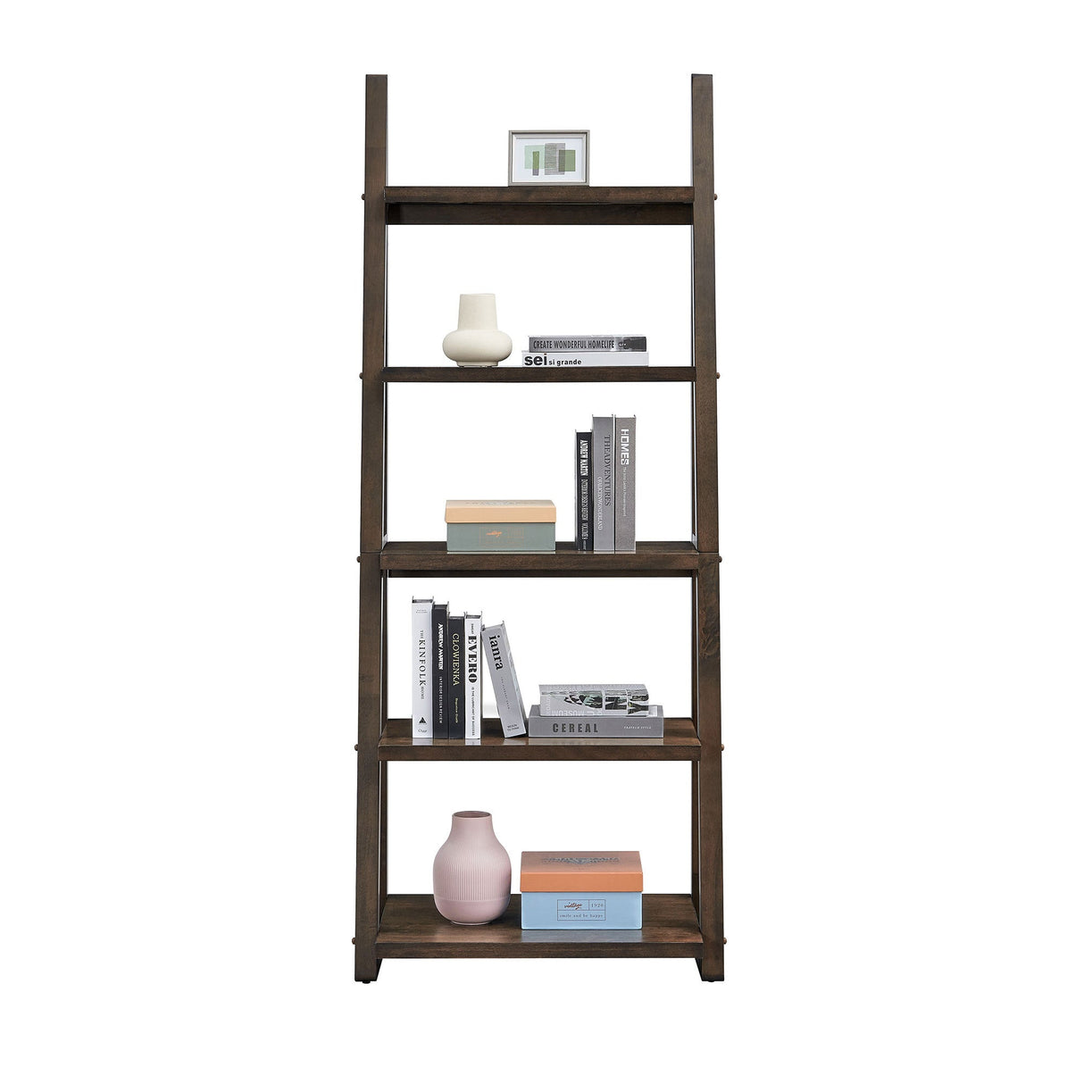 5-Tier Rubber Wood Bookshelf Ladder Storage Rack