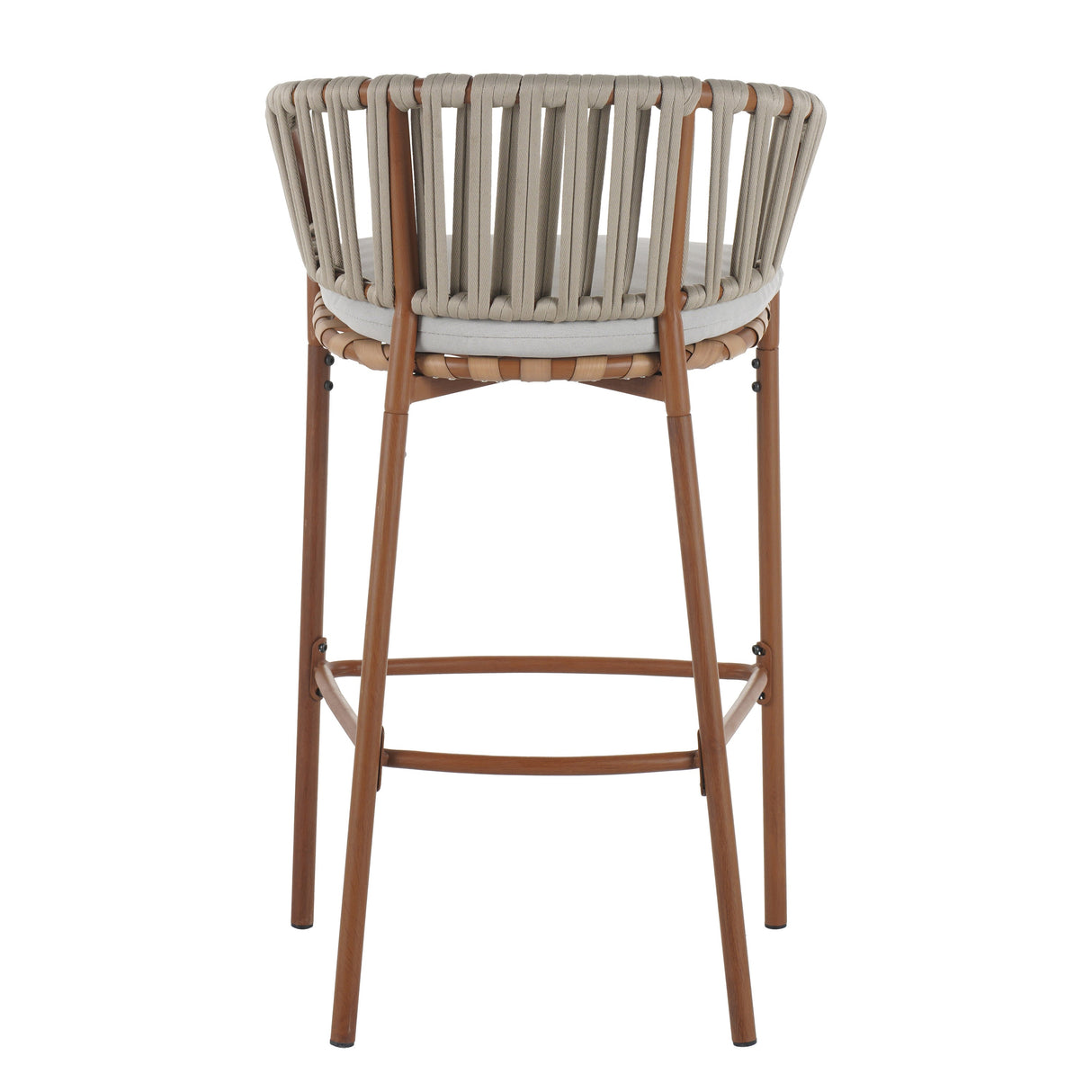 Lodi Outdoor Metal Rope Barstool, Teak Finished Frame and Beige Cushion, Set of 4