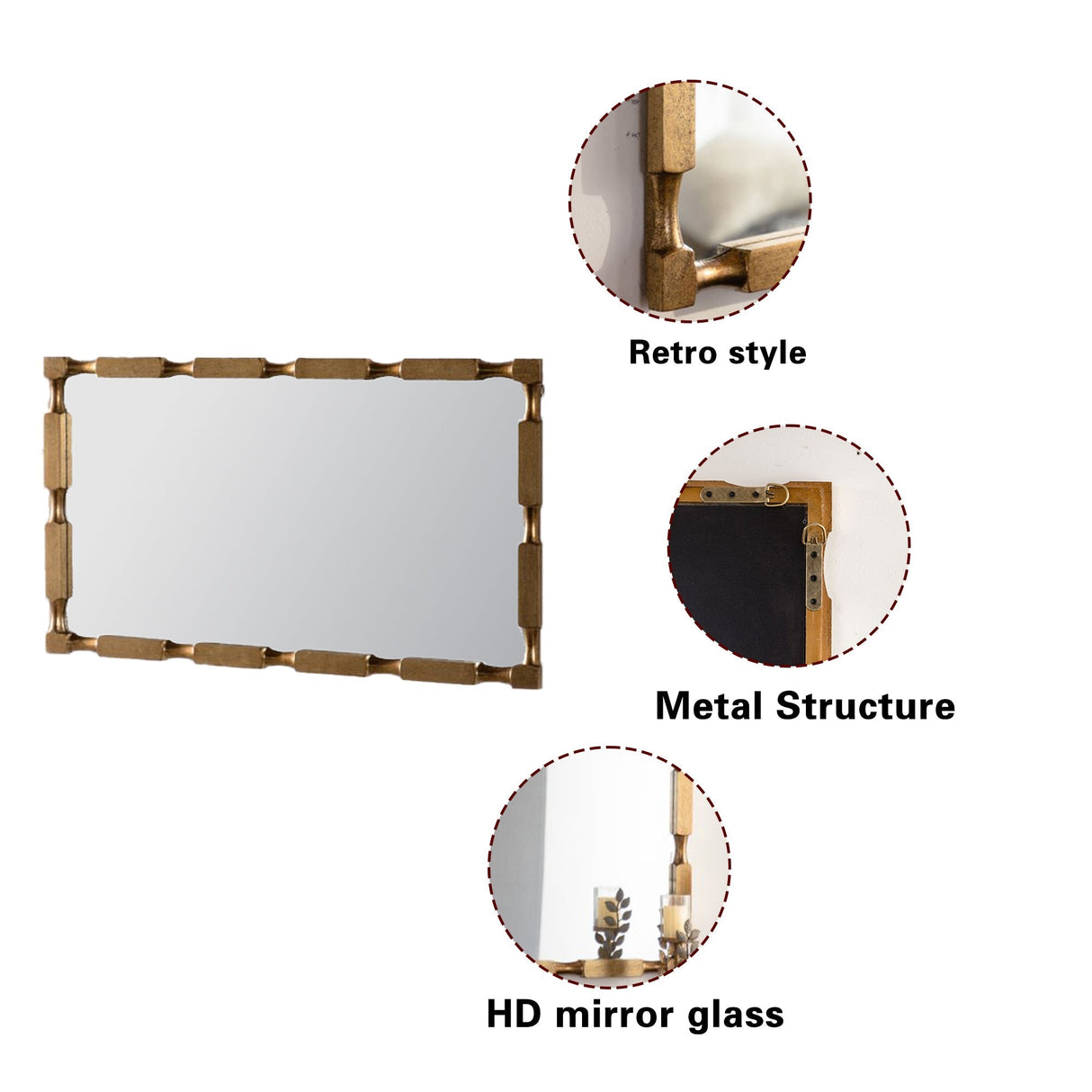Gold Bamboo-Style Rectangular Wall Mirror, Textured Frame for Living Room/Bedroom/Entryway Decor