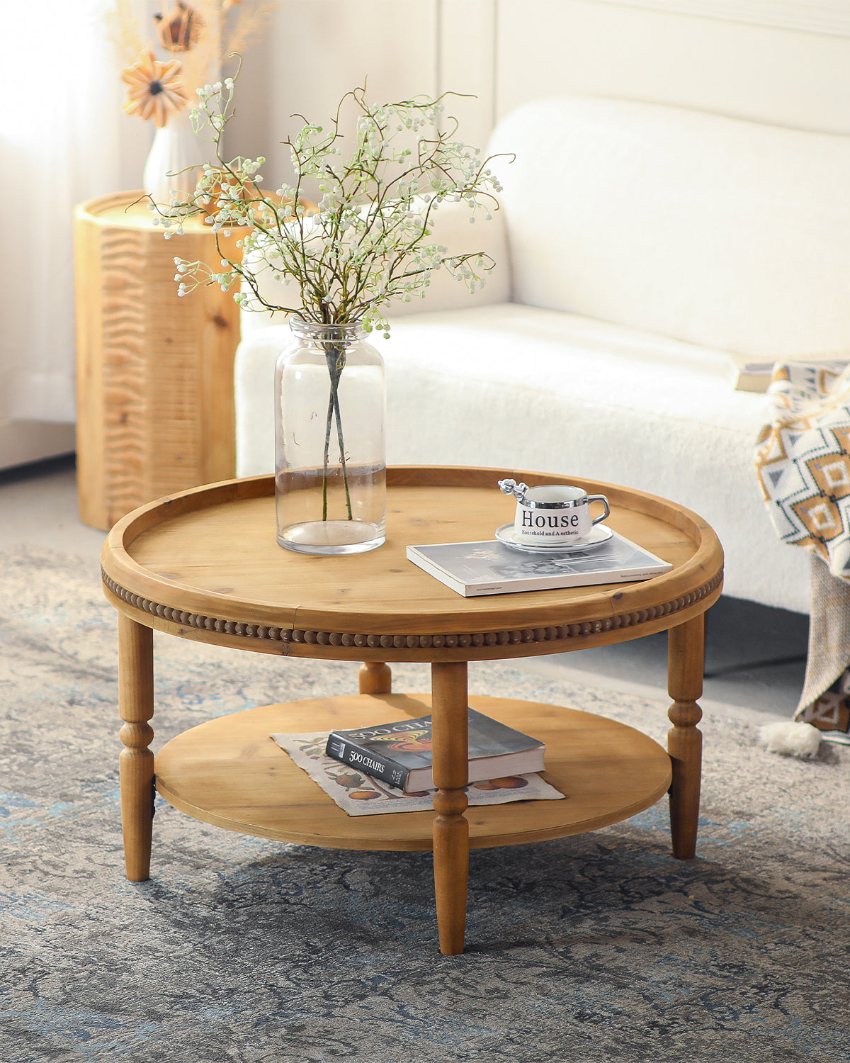 31.3' Round Boho Coffee Table with Storage Shelf