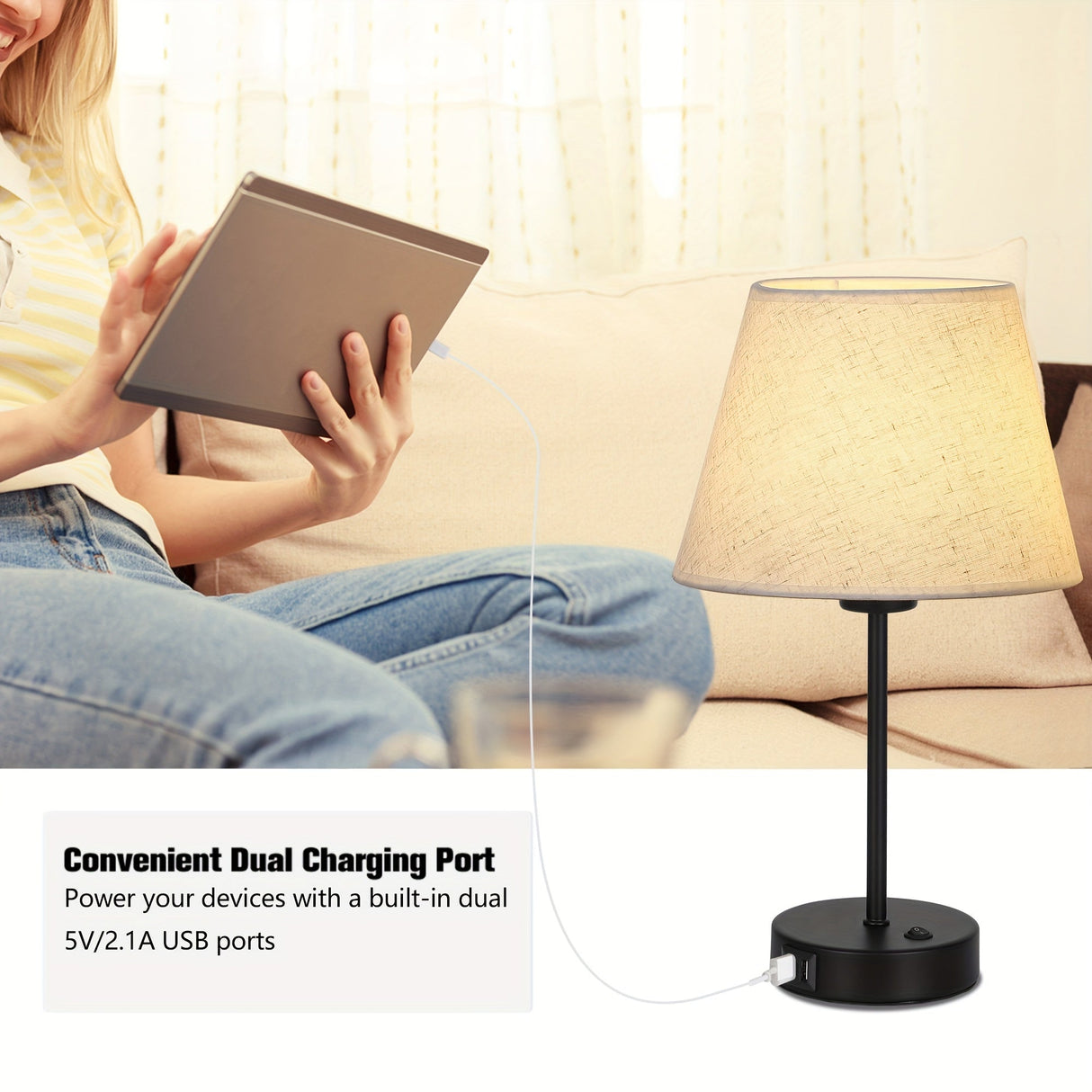 Bedside Table Lamps Set of 2 with USB Ports for Bedroom Nightstand Lighting