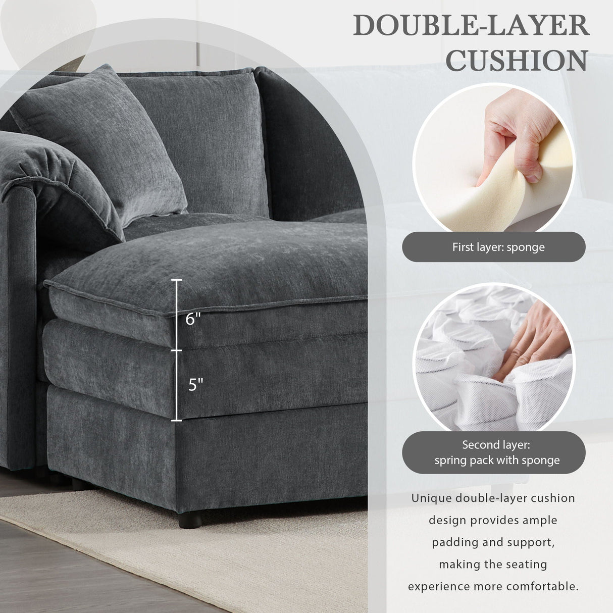 Modular Sectional With Deep And Wide Seat, Cloud Couch Set With Double Cushions Sofa With Movable Ottoman