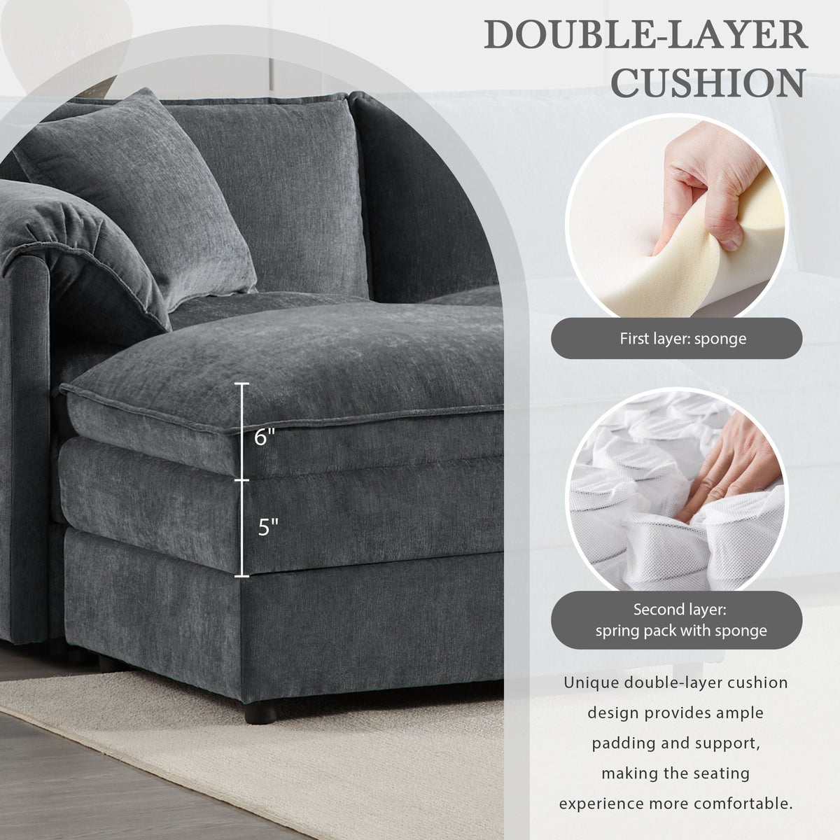 Modular Sectional With Deep And Wide Seat, Cloud Couch Set With Double Cushions Sofa With Movable Ottoman
