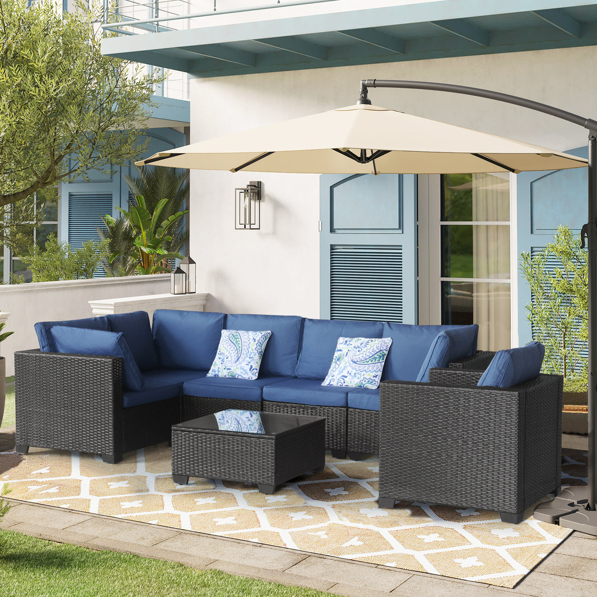 7 Pieces Outdoor Set Furniture Patio Furniture Sets Conversation Sets Balcony Furniture Outdoor Sectional (Dark Blue)