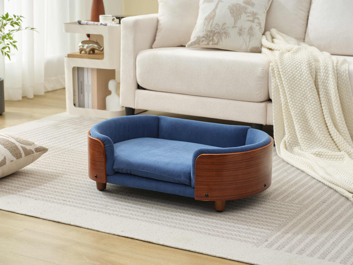 Scandinavian Style Elevated Dog Bed Mid Size Dark Blue Velvet