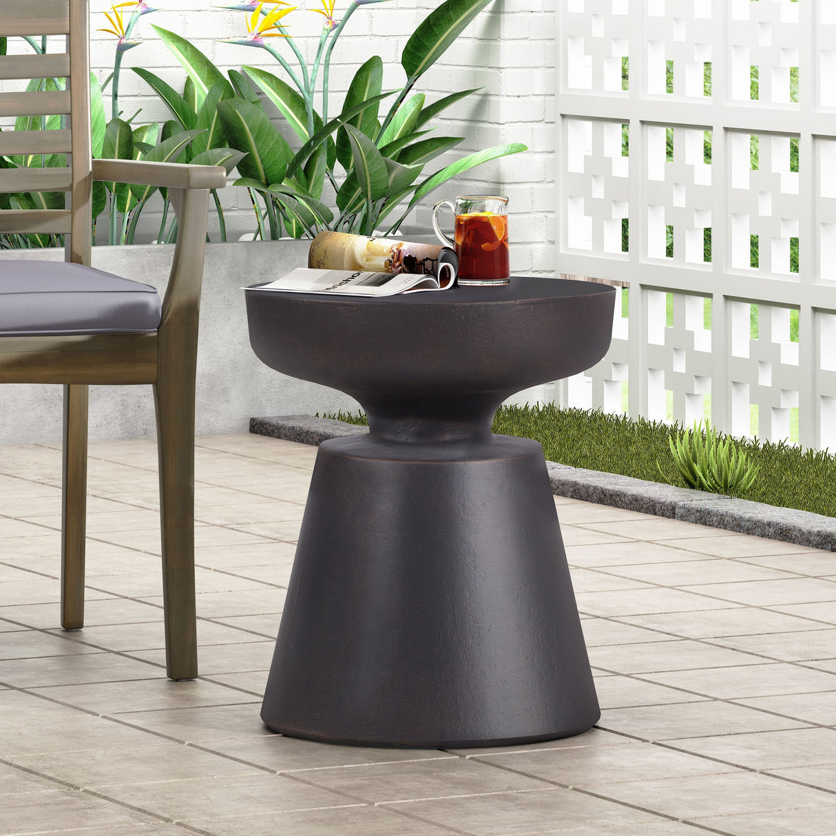 Outdoor Lightweight Concrete End Table with Copper Half-Sphere Top