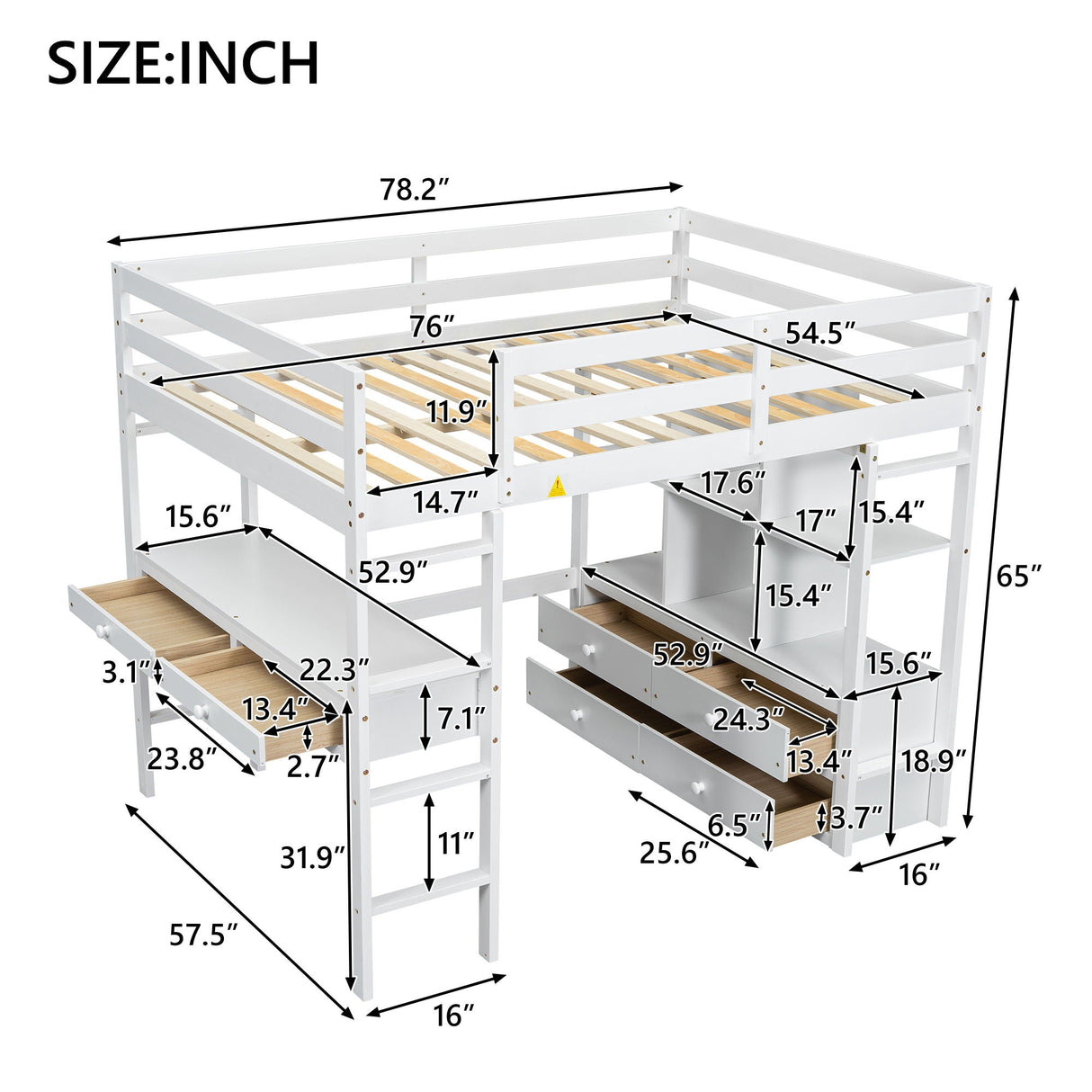 Full Size Loft Bed With Built In Desk, 2 Drawers, Storage Shelves - White