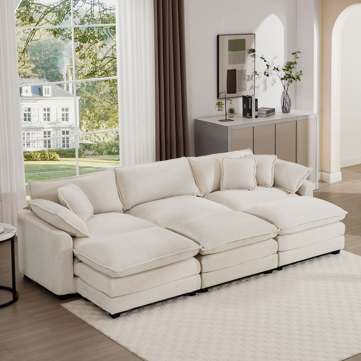 Modern Modular Cushion Sofa Set with Ottoman - Fabric, Multiple Colors