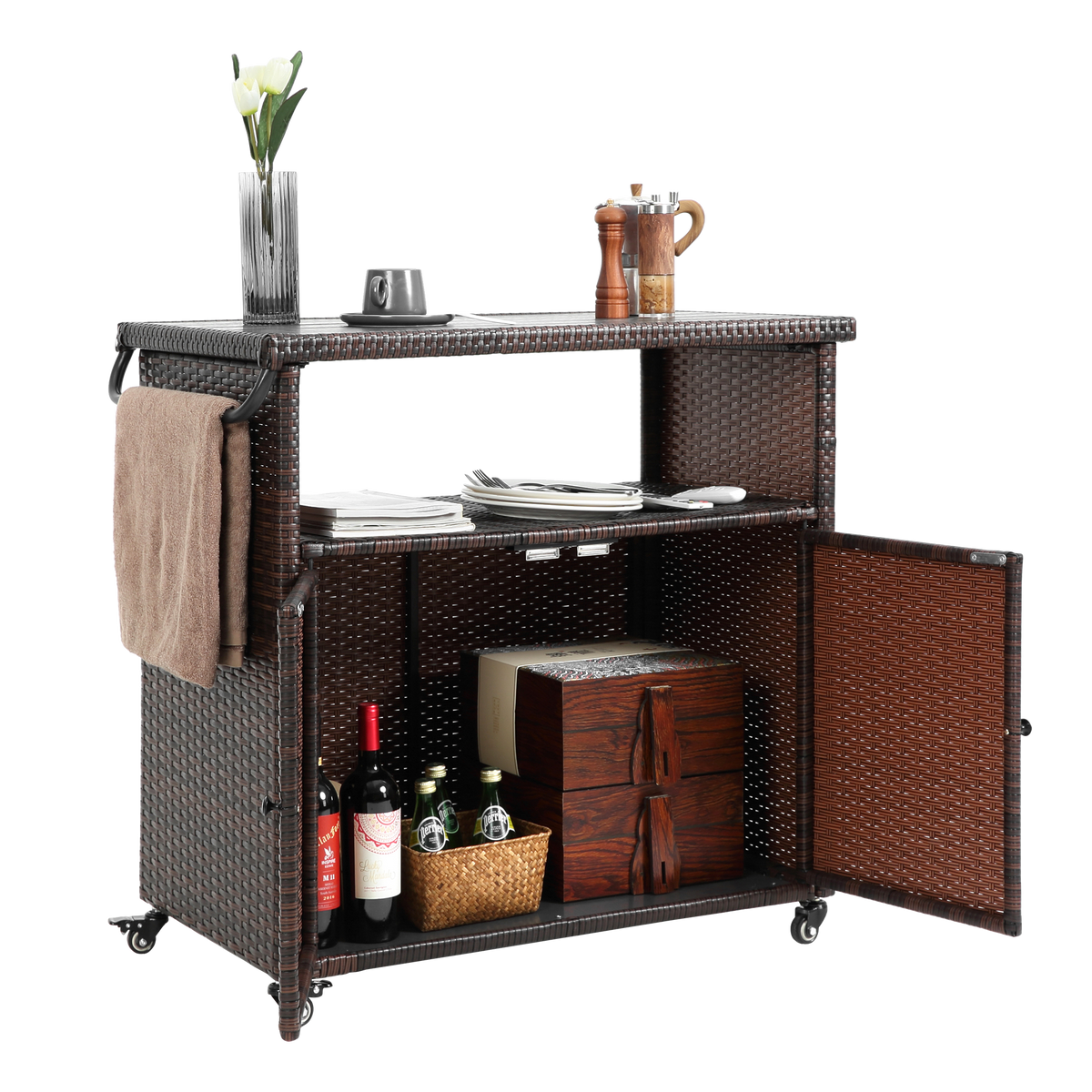 Outdoor Wicker Bar Cart with Glass Top and Wheels - Light Brown