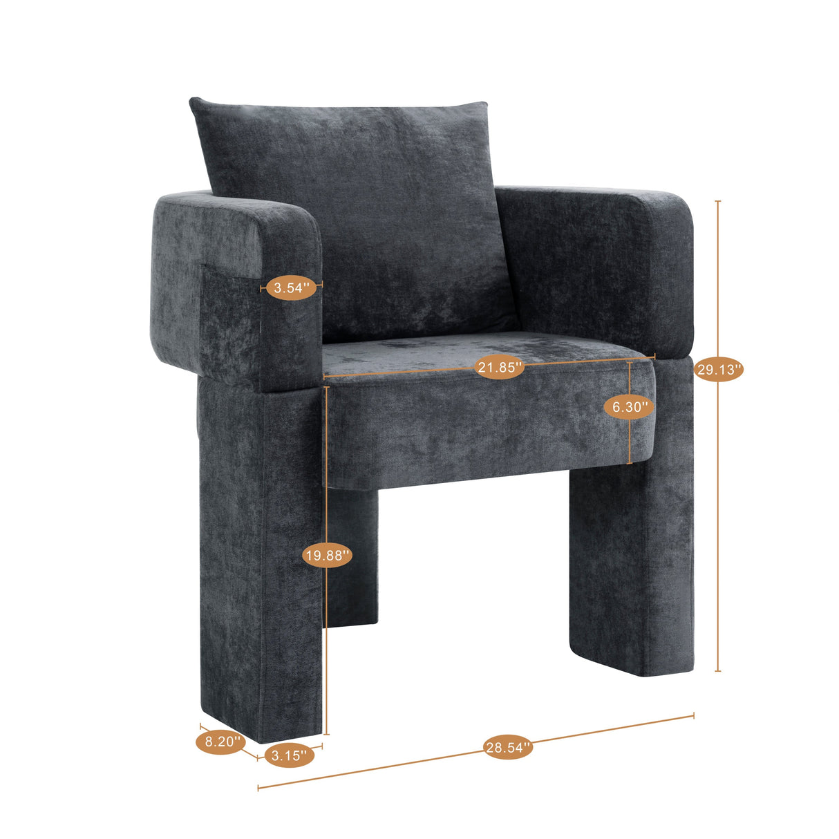 Modern 3-Leg Chenille Accent Chair with Ergonomic Arms & Removable PillowGray