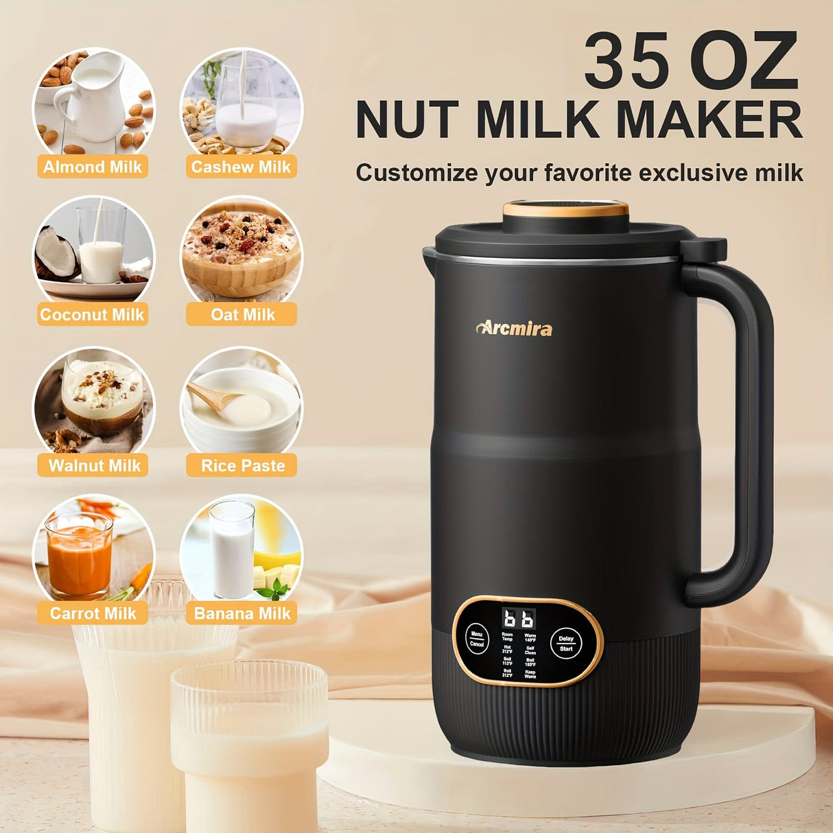 8-in-1 Nut Milk Maker Machine – 35oz Soy, Almond, Oat, Plant-Based Milk Maker