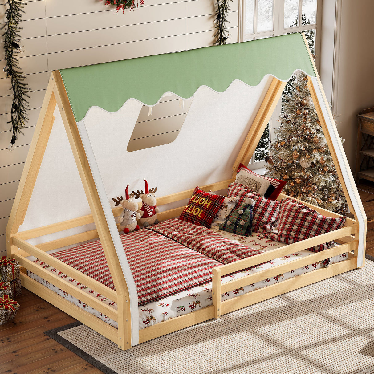 Full Size House Floor Bed with Tent and Light