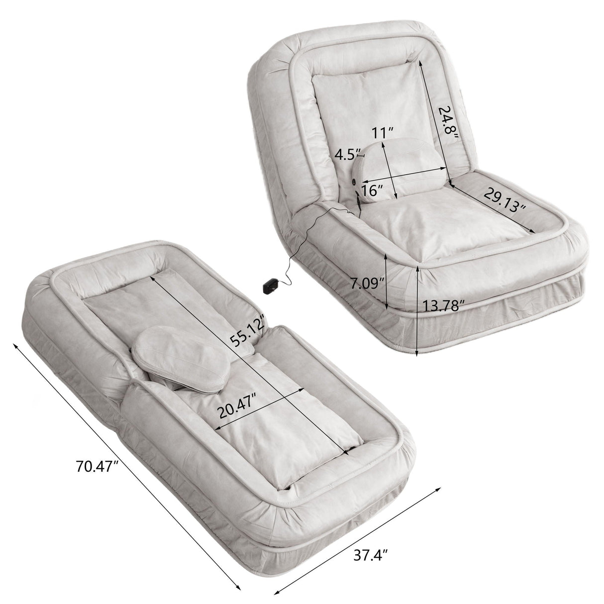 Upholstered Human Dog Bed And Pets, Bean Bag Floor Sofa With Massage Pillow, 5 Adjustable Positions & 2 Soft Pillows
