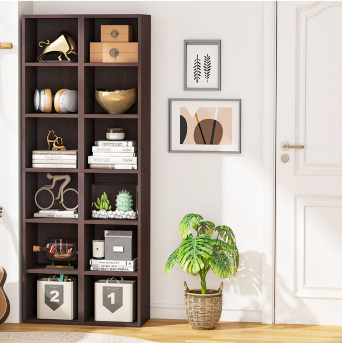 6 Tier Narrow Corner Cube Bookcase with Open Cubes - Light Blue or Dark Brown