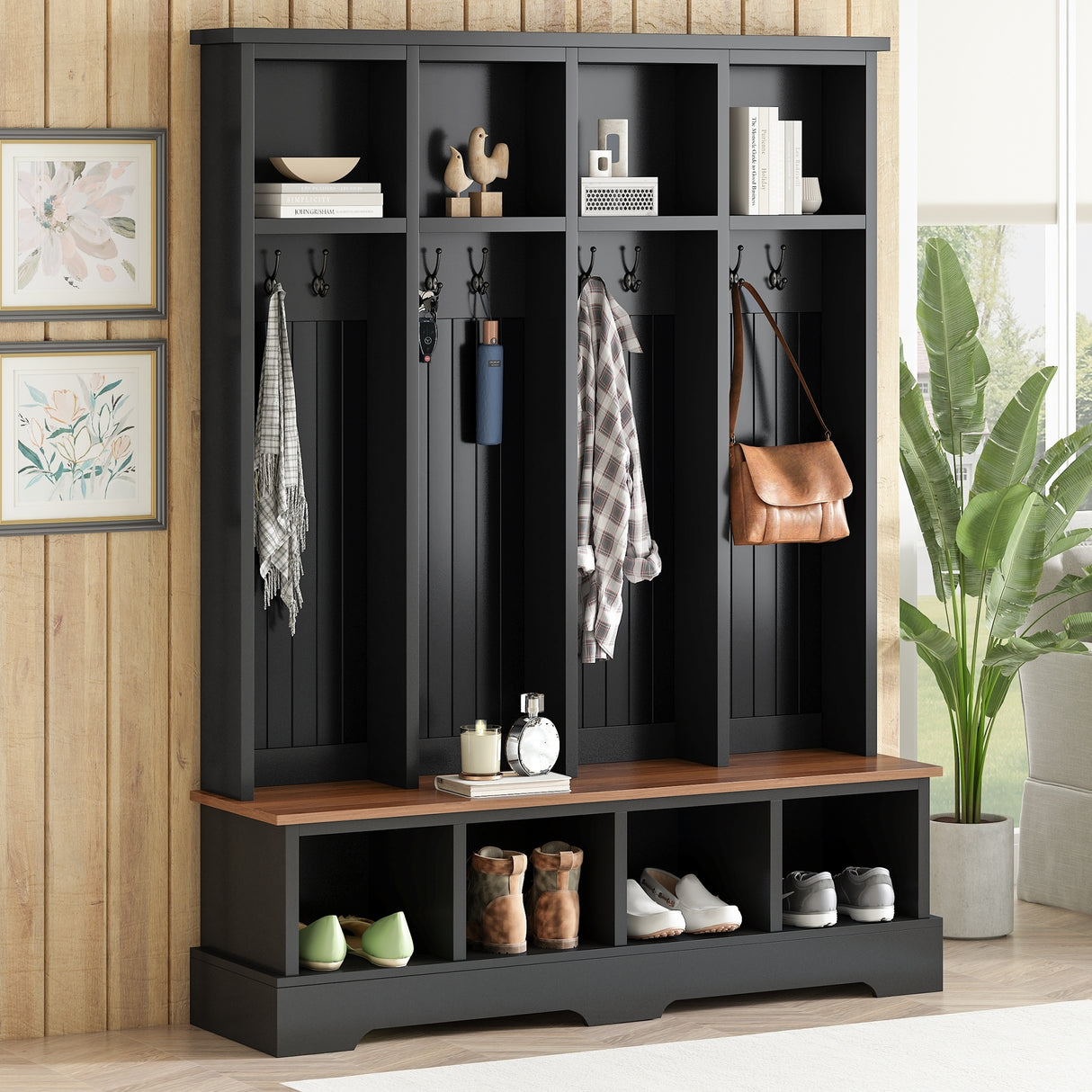 Rustic-Farmhouse-Hall-Tree-with-Bench,-Hooks-&-Storage-Compartments-