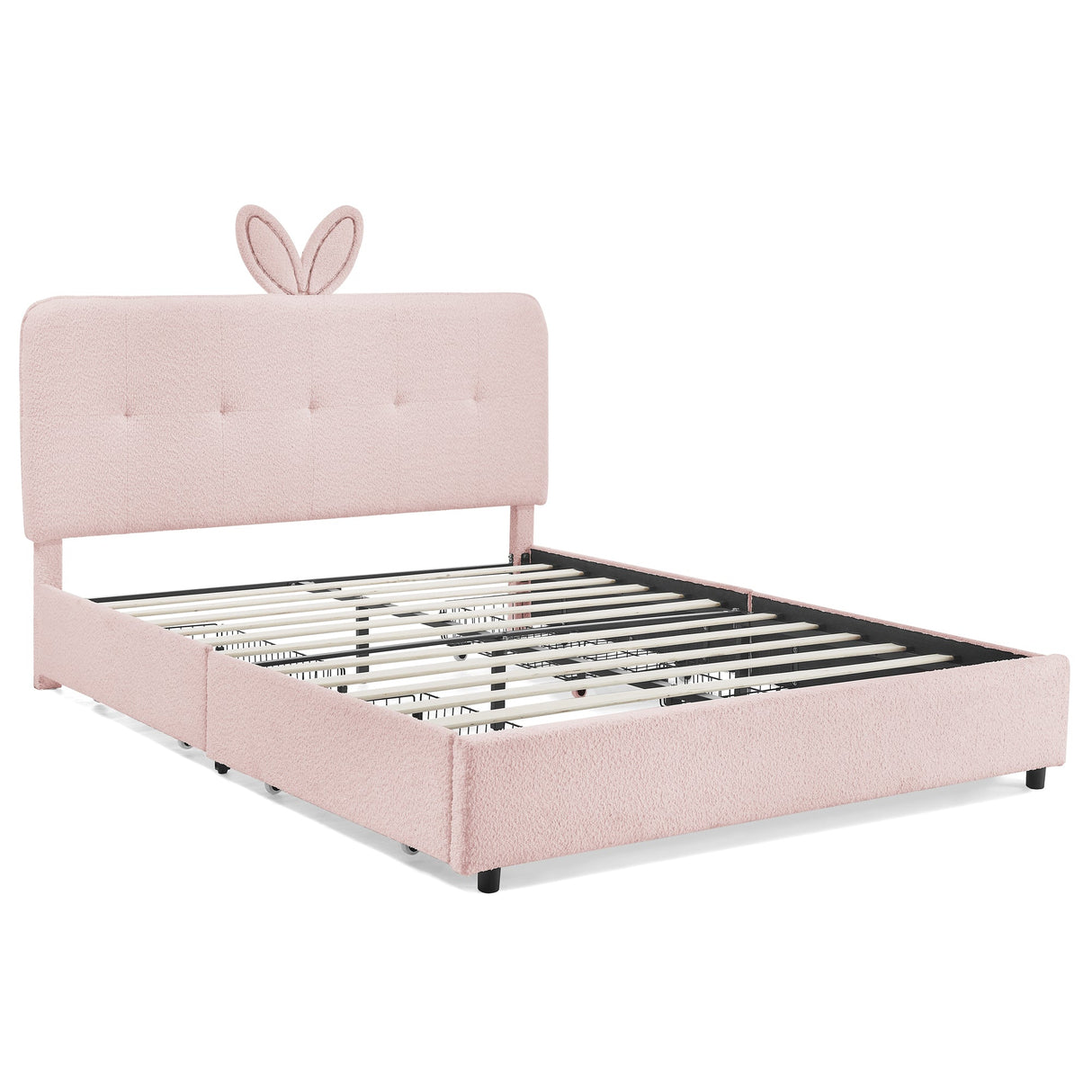 Queen Size Kids Upholstered Bed with Oversized Rabbit Ear Headboard, LED Light & 4 Storage Drawers, Boucle Fabric (84.5''X62.75''X41'')