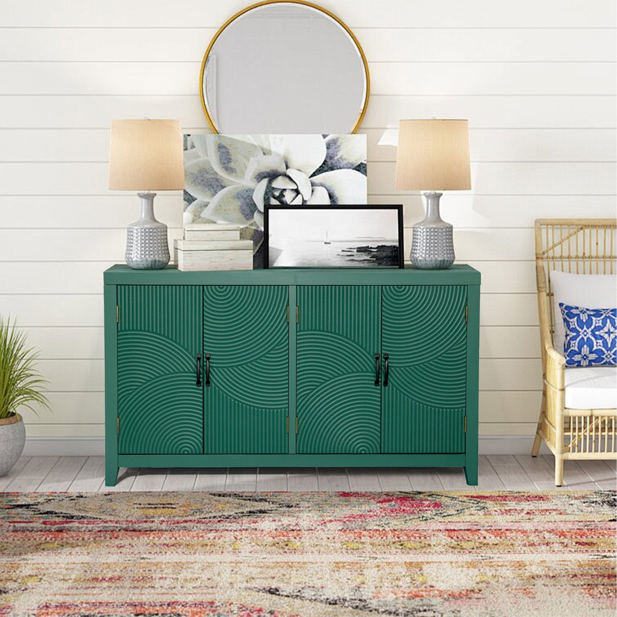 59in Green Accent Cabinet with 4 Doors - Mid Century Modern Buffet - Dark Green